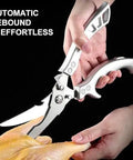 Rugged Stainless Steel Kitchen Scissors For Cooking And Poultry cutting chicken, showcasing sharp poultry shears for bones, turkey, meat, and veggies.