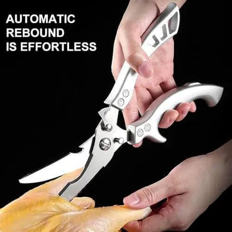 Rugged Stainless Steel Kitchen Scissors For Cooking And Poultry cutting chicken, showcasing sharp poultry shears for bones, turkey, meat, and veggies.