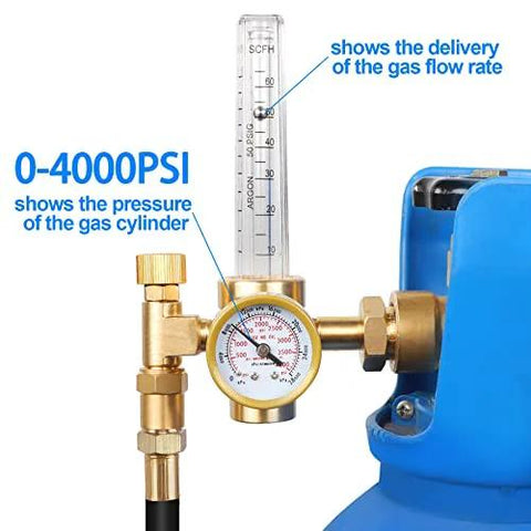 BETOOLL Argon regulator with flow meter and 6.6 ft gas hose on blue welding cylinder; brass construction, 0–4000 psi gauge.
