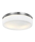 Two Light Flush Mount In Satin Nickel Finish With White Opal Etched Diffuser Patterned Like Emerald Cut Diamond For A Sleek Modern Transitional Ceiling Light In Living Rooms 13.5 Inch Wide By 4.25 Inch High shown from below.