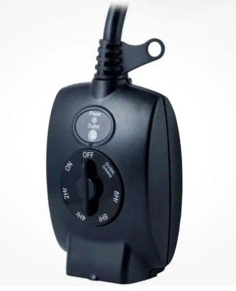 Top Shelf Outdoor Plug In Mechanical Timer Featuring Dusk To Dawn Activation and a grounded outlet for reliable 15 Amp operation, side view.