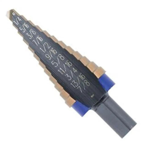 Unibit One Sixteenth Inch Nine Step Cobalt Alloy Drill Bit With SpeedPoint Tip displayed with laser marked sizes
