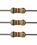 Three beige axial resistors with color bands (front view); 5.1kΩ, 1/4W, 5% tolerance