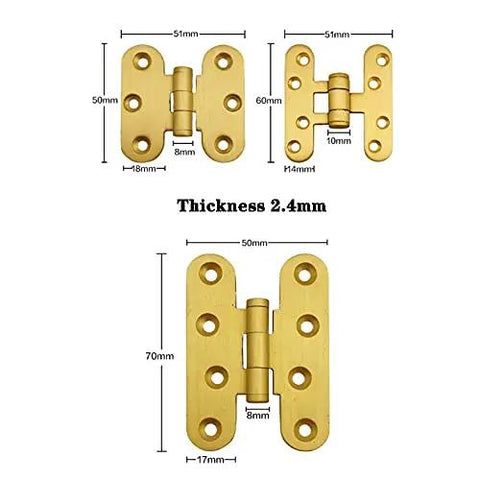 Diagram of Five Pcs Brushed Brass Deco Furniture Hinges Set Versatile Miniature Door Hinges with measurements for DIY projects.