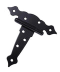Angled view of black wrought-iron strap door hinge with decorative scalloped ends for doors and cabinets.