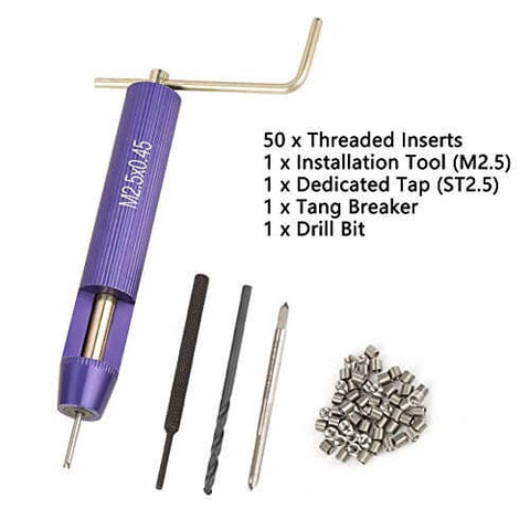50 Piece Stainless Steel Helicoil Thread Repair Kit Set For Aluminum And Low Strength Materials M2.5 X 2D Inserts, tools shown
