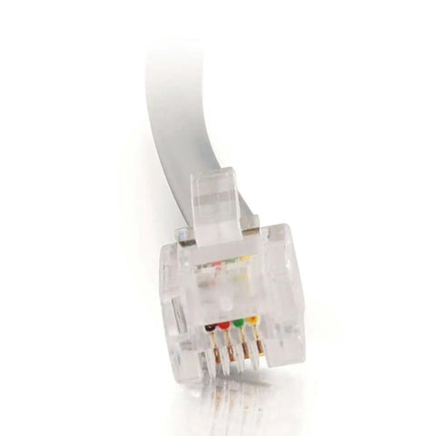 Close-up of RJ11 Modem Cable For Landline Phones And DSL Modems No Frills 7 Foot Silver Telephone Cable With RJ11 Male Connectors On Both Ends
