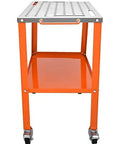 Front view of Rugged 36 By 18 Inches Welding Table On Wheels With 1200 Pound Load Capacity Portable Metal Workbench with orange frame.