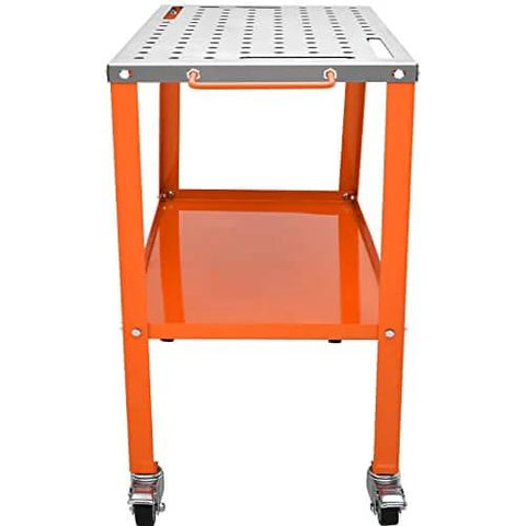 Front view of Rugged 36 By 18 Inches Welding Table On Wheels With 1200 Pound Load Capacity Portable Metal Workbench with orange frame.