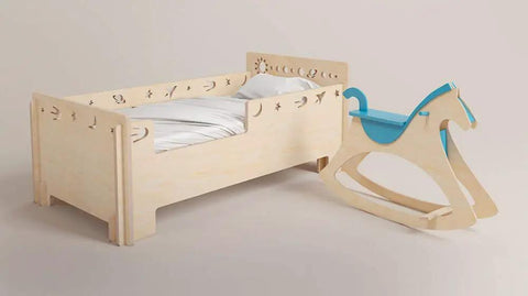Wooden child's bed and rocking horse set made from Half Inch Baltic Birch Plywood Sheets Pack Of 3 For Arts And Crafts And Do It Yourself Projects About 12 Inch Square Heavy Duty Wood For Drawing Painting Laser Engraving Wood Burning And School Projects.