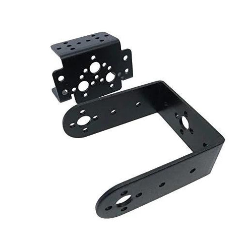Two-piece Bolsen servo pan-tilt bracket kit in black metal for MG995, includes short L-shaped brackets.