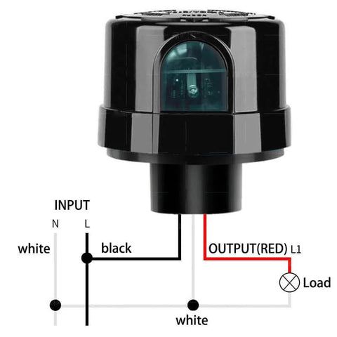 Wiring diagram and black Outdoor Dusk To Dawn Photocell Light Sensor Switch With Auto On Off, 120 To 277V Hard Wired Controller