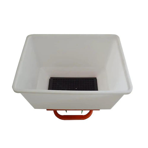 Top view of a heavy duty ATV UTV seed and fertilizer spreader with a 265lb capacity hopper for garden, farm, and tractor use.