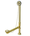Polished brass clawfoot tub waste and overflow drain with solid brass construction, chain plug drain, 20 gauge corrosion resistant finish.