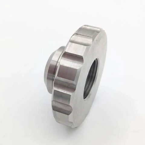 Waterjet mixing chamber nut 711589-1, silver metal, side view