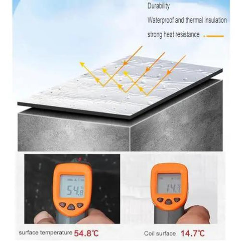 Kickoff That Leaky Roof With Heavy Duty Self Adhesive Waterproof Tape Thick Aluminum Foil Underlayer For Garages Zero Drama Fast Bond Resilient Weather Proof Edge, showing thermal insulation and temperature readings on surfaces.