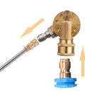 Brass pressure washer pivoting coupler with 1/4-inch quick-connect gutter cleaner attachment; side view.
