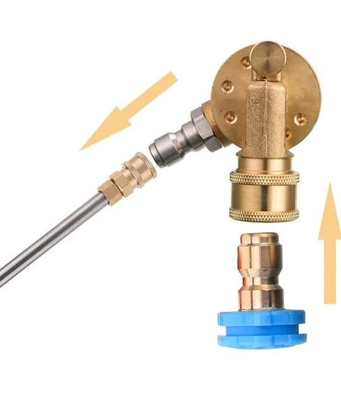 Brass pressure washer pivoting coupler with 1/4-inch quick-connect gutter cleaner attachment; side view.