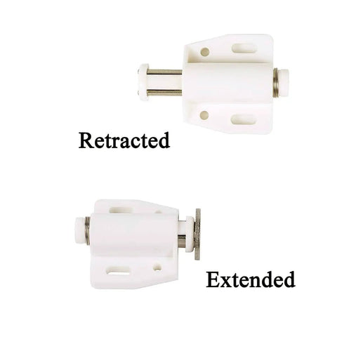 Magnetic Touch Latch 4 Pack For Push Open Cabinet Doors And RV Drawers, Closet And Cupboard Storage, 5 Lb Pull Strength, Ivory White Ideal For Kitchen Cabinets Wardrobes Cupboards And RV Interiors Easy Install showing retracted and extended positions