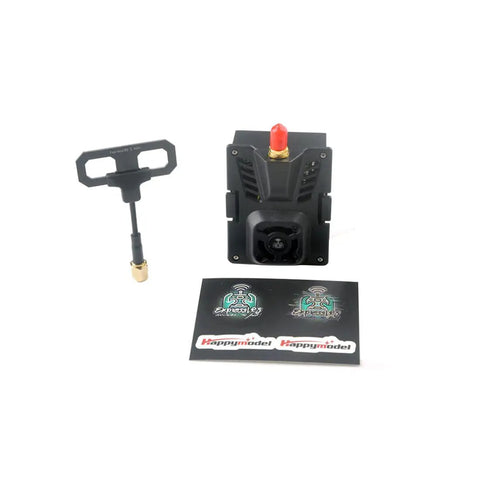 ExpressLRS Micro TX Module 2 to 4G With Cooling Fan and RGB LED beside antenna and brand stickers.
