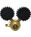 Front view of Uniweld RMC100 Centurion Series acetylene regulator; brass body with two black circular caps.