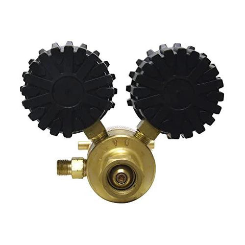 Front view of Uniweld RMC100 Centurion Series acetylene regulator; brass body with two black circular caps.