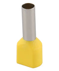 Close-up of yellow insulated ferrule with metal pin; not 100 Pack 10 AWG Twin Wire Ferrules Red TE6014 Dual Wire Crimp Connectors.