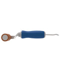 Side view of Everhard Roll-N-Chek silicone seam roller with tester probe, blue handle and brown roller