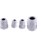 Four white cord grips from Pro Grade Heavy Duty Strain Relief Cord Grip Lock Nut Set For M12 M16 M20 M25 Cables 40 Piece Kit For Cable Glands Fasteners