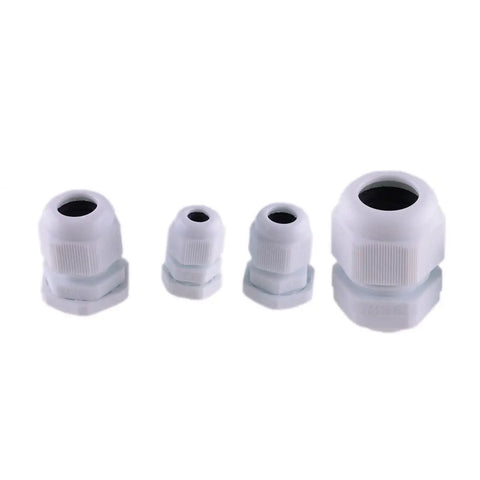 Four white cord grips from Pro Grade Heavy Duty Strain Relief Cord Grip Lock Nut Set For M12 M16 M20 M25 Cables 40 Piece Kit For Cable Glands Fasteners