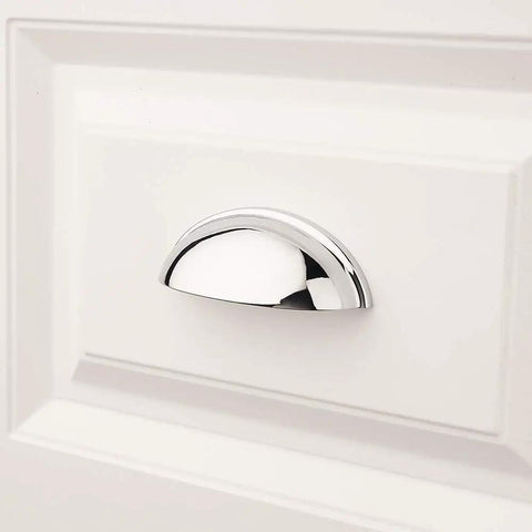 Chrome Bin Cup Drawer Pulls 3 Inch Center Spacing 76mm Cabinet Handles 25 Pack for kitchen cupboards, shiny polished finish close-up.