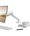Top Tier Adjustable Monitor Arm With Heavy Duty Desk Clamp Base Built Like A Tank To Hold Nine Kilograms Securely While Boosting Your Ergonomics And Giving Your Desk Serious Space Saving Vibes All Around, shown with white monitor and keyboard.
