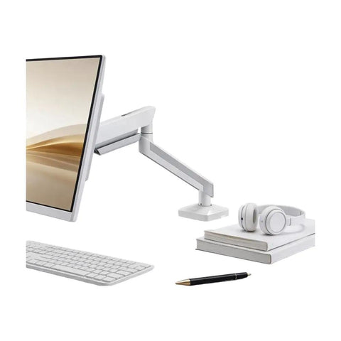 Top Tier Adjustable Monitor Arm With Heavy Duty Desk Clamp Base Built Like A Tank To Hold Nine Kilograms Securely While Boosting Your Ergonomics And Giving Your Desk Serious Space Saving Vibes All Around, shown with white monitor and keyboard.