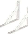 Heavy Duty Triangular Corner Shelf Brackets 2 Pack White Steel Wall Mounts For Scaffold Boards angled view with mounting holes.