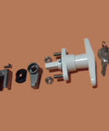 Heavy Duty T Handle Hurricane Shutter Lock For Accordion Centerfold Windows White Matched Key Hardware with keys and mounting parts.