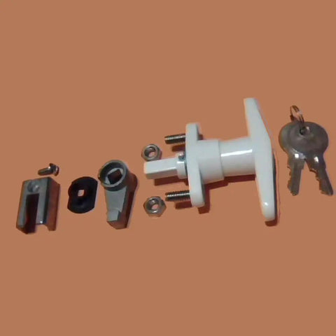 Heavy Duty T Handle Hurricane Shutter Lock For Accordion Centerfold Windows White Matched Key Hardware with keys and mounting parts.