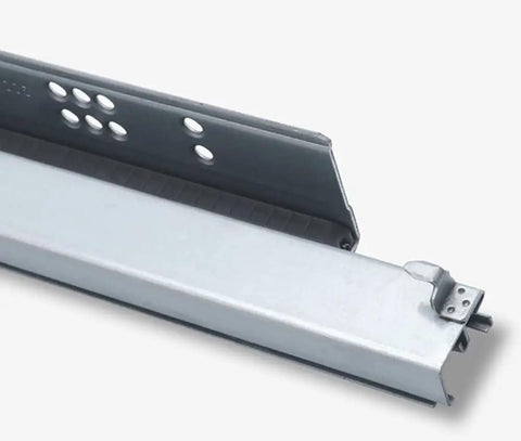 Tough As Nails Full Extension Soft Close Drawer Slides Heavy Duty Concealed Cabinet Runners With Smooth Glide Action Silver Finish 14 Inch close-up of runner side.