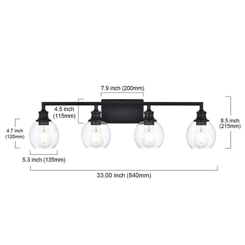 Four Light Vanity Light Fixture With Clear Globe Glass Shades Industrial Farmhouse Wall Lamp dimensions and details