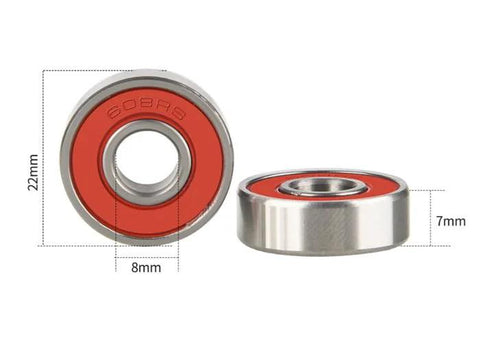 Two red-sealed 608-2RS miniature deep groove ball bearings, 8mm x 22mm x 7mm steel; front and side views.