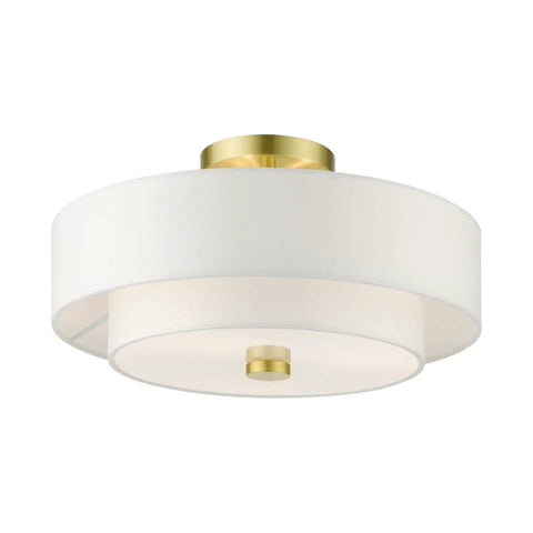 Meridian Collection 3 Light Satin Brass Semi Flush Mount Ceiling Light With Off White Hardback Fabric Shade, 15 x 15 x 8.25 Inches