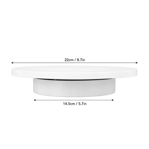 Super Quiet 3 Speed Electric Rotating Turntable For Stunning Product Photos And Live Streaming With 360 Degree Motorized Stand And Battery Power, 22cm round white plate.