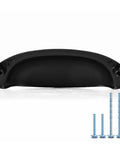 Front view of vintage farmhouse style matte black cup pull handle with shell ear-like knobs, zinc alloy, and included screws; 3.5 inch spacing.