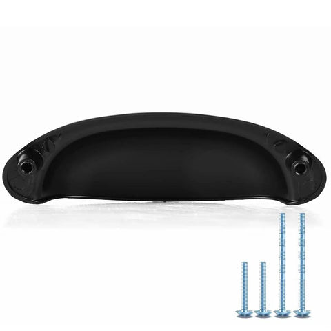 Front view of vintage farmhouse style matte black cup pull handle with shell ear-like knobs, zinc alloy, and included screws; 3.5 inch spacing.