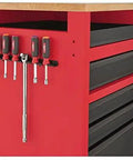 Beefy 52 Inch Mobile Workbench With 11 Soft Close Rollout Drawers And Thick Hardwood Counter Top For Ultimate Garage Tool Organizing And Job Site Rig Upgrades, side view showing red cabinet and tools.