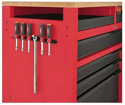 Beefy 52 Inch Mobile Workbench With 11 Soft Close Rollout Drawers And Thick Hardwood Counter Top For Ultimate Garage Tool Organizing And Job Site Rig Upgrades, side view showing red cabinet and tools.