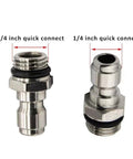 Front view of two stainless steel 1/4 inch quick-connect pressure washer adapters (NPT female to plug) in a 2-pack
