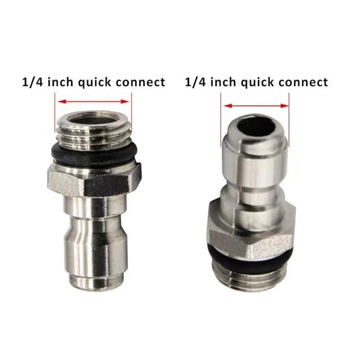 Front view of two stainless steel 1/4 inch quick-connect pressure washer adapters (NPT female to plug) in a 2-pack