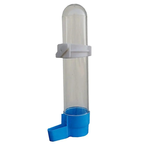 Auto Bird Feeder And Water Dispenser With Clear Polymer Reservoir Clip On Cage Rack Gravity System For Budgies Cockatiels And Parakeets No Sweat Setup Keeps Em Good Daily, clear polymer container with blue base.