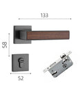 Indoor Room Door Lock With Wooden Handle and Silent Magnetic Latch, brushed finish, dimensions labeled, for bedroom and bathroom doors.