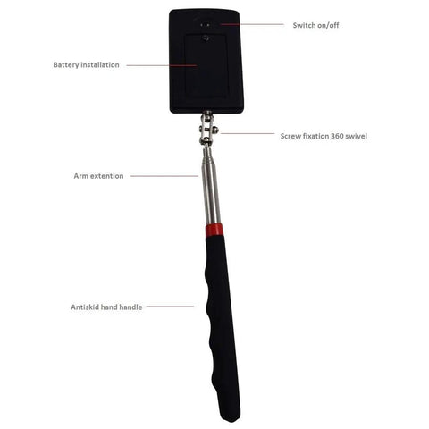 Back view of Telescoping LED Lighted Inspection Mirror With 360 Degree Swivel And Flexible Reach For Tight Spots Extra Bright View